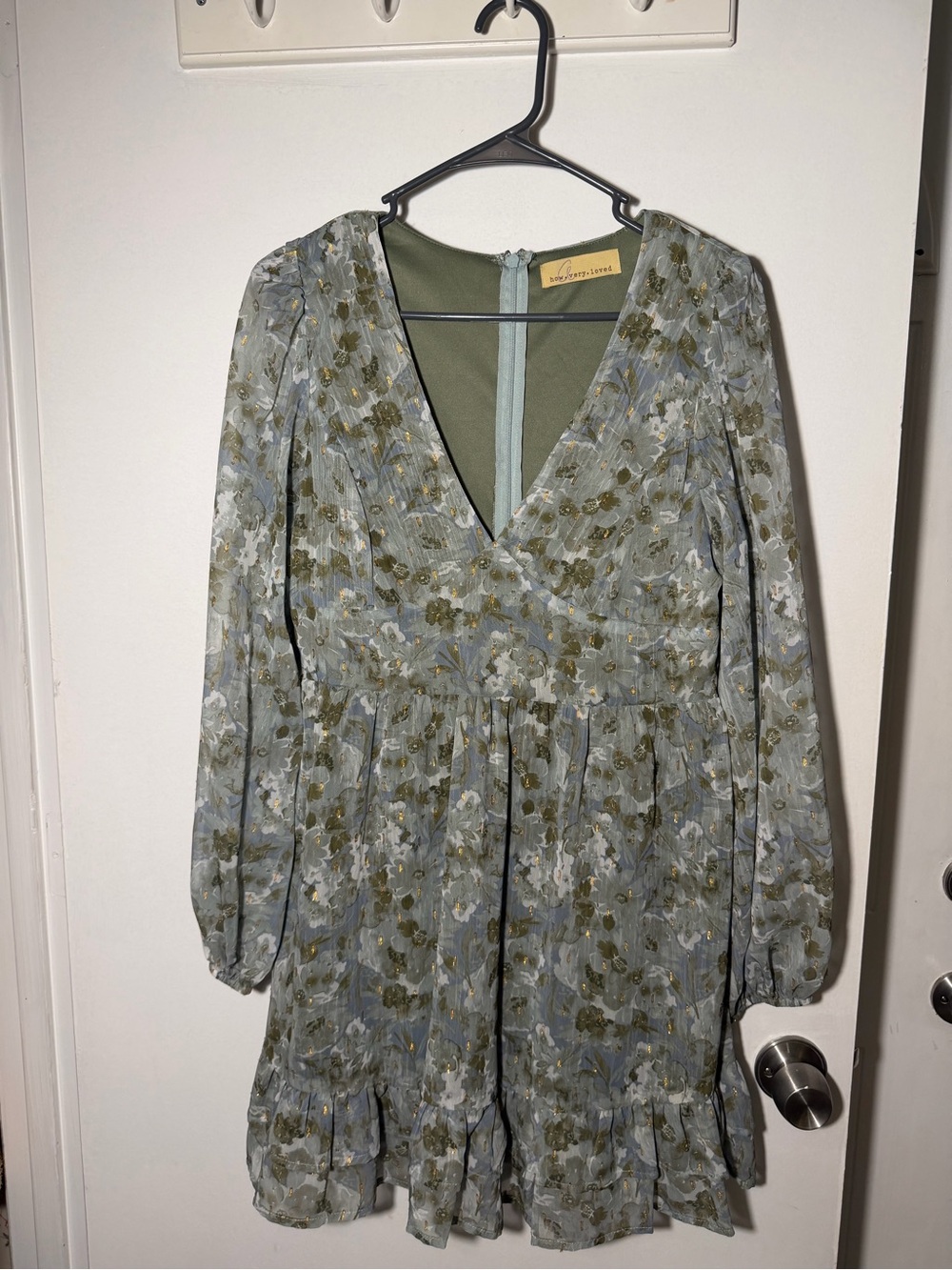 Lizard Thicket Sage Green Floral V-Neck Long Sleeve Mini Dress